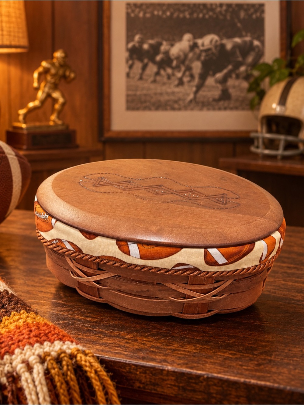 Longaberger “Kickoff”Football Basket Wood Lid, Liner, & Protector 2008 Set